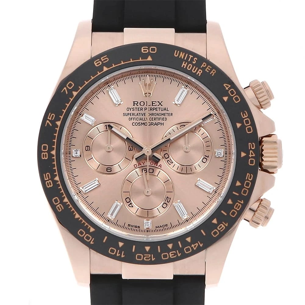 ROLEX COSMOGRAPH DAYTONA BAGUETTE DIAMOND WATCH: ROLEX Cosmograph Daytona Baguette Diamond watch Brand: ROLEX Type/Style: Wrist watch Material: Band Material rubber, Case Material Everose Gold Color: Dial Color Pink Size: Case:W40mm Circumference