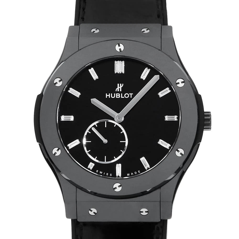 HUBLOT CLASSIC FUSION CALFSKIN WATCH: HUBLOT Classic Fusion Calfskin watch Brand: HUBLOT Type/Style: Wrist watch Material: Band Material Calfskin, Case Material Ceramic Color: Dial Color Black Size: Case:W45mm Accessories: None