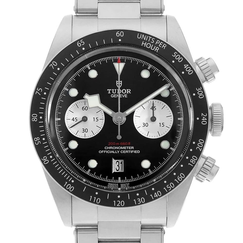 TUDOR BLACK CHRONO STAINLESS STEEL WATCH: TUDOR Black Chrono Stainless Steel watch Brand: TUDOR Type/Style: Wrist watch Material: Band Material Stainless Steel, Case Material Stainless Steel Color: Dial Color Black Size: Case:W41mm Circumfere