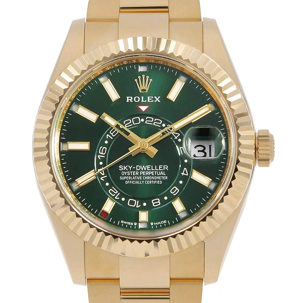 ROLEX SKY-DWELLER GREEN OYSTER WATCH: ROLEX SKY-DWELLER green oyster watch Brand: ROLEX Type/Style: Wrist watch Material: Band Material Yellow Gold, Case Material Yellow Gold Color: Dial Color Green Size: Case:W42mm Circumference of Wrist