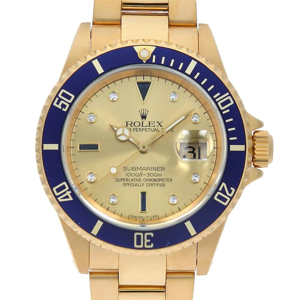 ROLEX SUBMARINER DATE DIAMOND SAPPHIRE CHAMPAGNE WATCH: ROLEX SUBMARINER Date Diamond Sapphire Champagne watch Brand: ROLEX Type/Style: Wrist watch Material: Band Material Yellow Gold, Case Material Yellow Gold Color: Dial Color Champagne Gold Size: Case:W