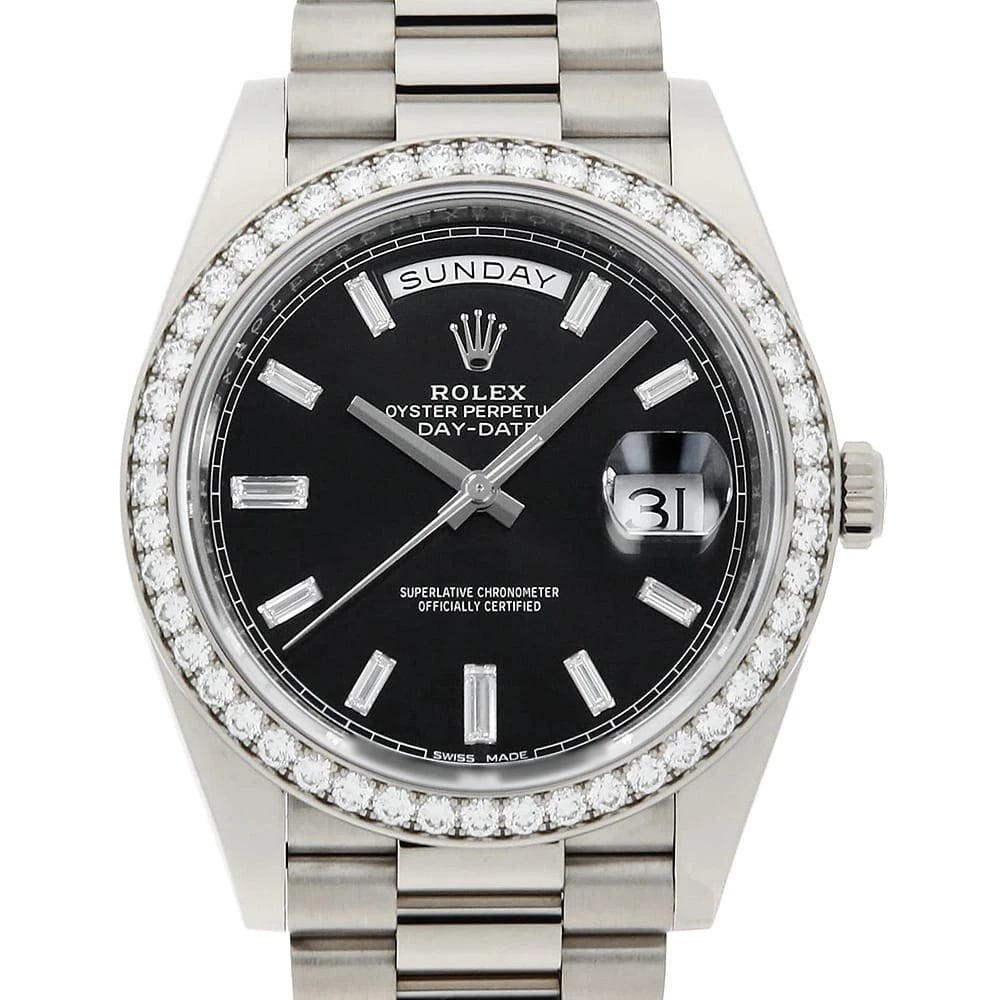 ROLEX DATE BEZEL DIAMOND BAGUETTE BLACK WATCH: ROLEX Date Bezel Diamond Baguette Black watch Brand: ROLEX Type/Style: Wrist watch Material: Band Material White Gold, Case Material White Gold Color: Dial Color Black Size: Case:W40mm Circumference o