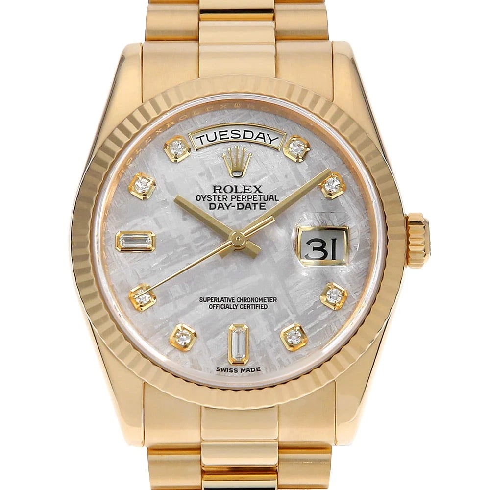 ROLEX DATE DIAMOND BAGUETTE METEOLITE WATCH: ROLEX Date Diamond Baguette Meteolite watch Brand: ROLEX Type/Style: Wrist watch Material: Band Material Yellow Gold, Case Material Yellow Gold Color: Dial Color Meteorite Size: Case:W36mm Circumferen