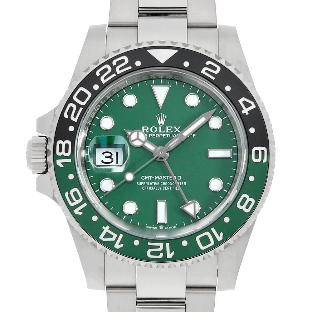 ROLEX GMT MASTER GREEN OYSTER WATCH: ROLEX GMT Master green oyster watch Brand: ROLEX Type/Style: Wrist watch Material: Band Material White Gold, Case Material White Gold Color: Dial Color Green Size: Case:W40mm Circumference of Wrist:19