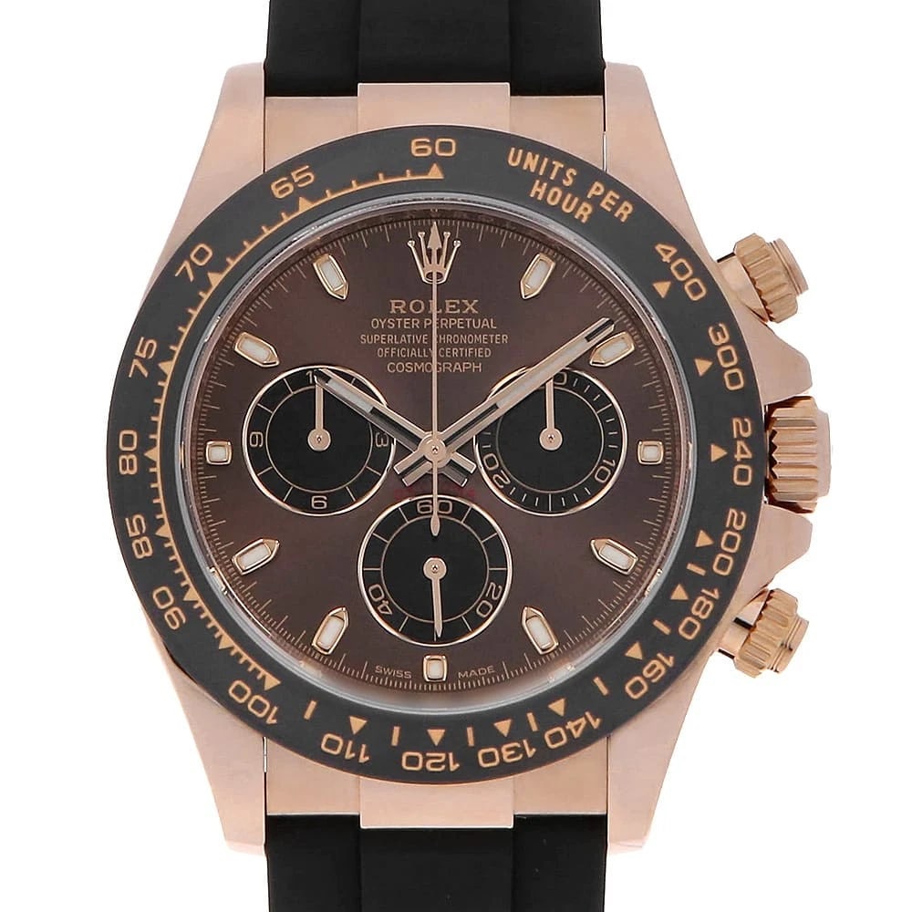 ROLEX COSMOGRAPH DAYTONA CHOCOLATE BROWN WATCH: ROLEX Cosmograph Daytona Chocolate brown watch Brand: ROLEX Type/Style: Wrist watch Material: Band Material rubber, Case Material Everose Gold Color: Dial Color Chocolate Brown Size: Case:W40mm Circum