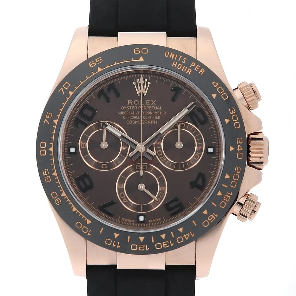ROLEX COSMOGRAPH DAYTONA CHOCOLATE BROWN WATCH: ROLEX Cosmograph Daytona Chocolate brown watch Brand: ROLEX Type/Style: Wrist watch Material: Band Material rubber, Case Material Everose Gold Color: Dial Color Chocolate Brown Size: Case:W40mm Circum