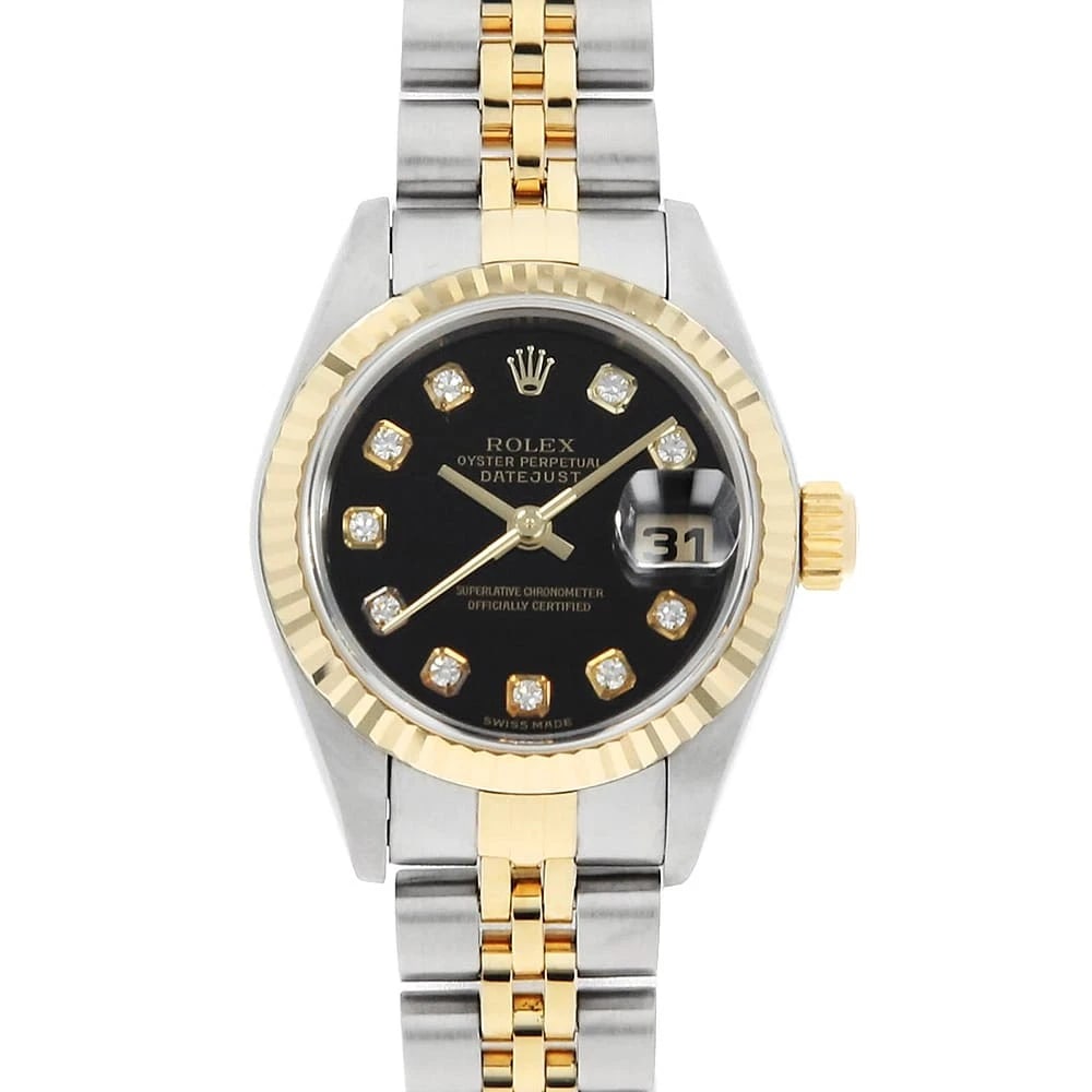 ROLEX DATEJUST BLACK STAINLESS STEEL WATCH: ROLEX Datejust black Stainless Steel watch Brand: ROLEX Type/Style: Wrist watch Material: Band Material Stainless Steel/Yellow Gold, Case Material Stainless Steel/Yellow Gold Color: Dial Color Black S