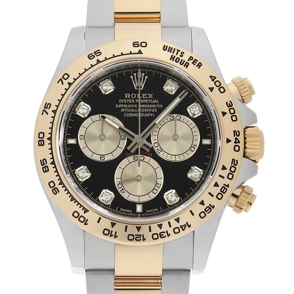 ROLEX COSMOGRAPH DAYTONA DIAMOND BLACK XGOLDEN WATCH: ROLEX Cosmograph Daytona diamond black xGolden watch Brand: ROLEX Type/Style: Wrist watch Material: Band Material Stainless Steel/Yellow Gold, Case Material Stainless Steel/Yellow Gold Color: Dial Col