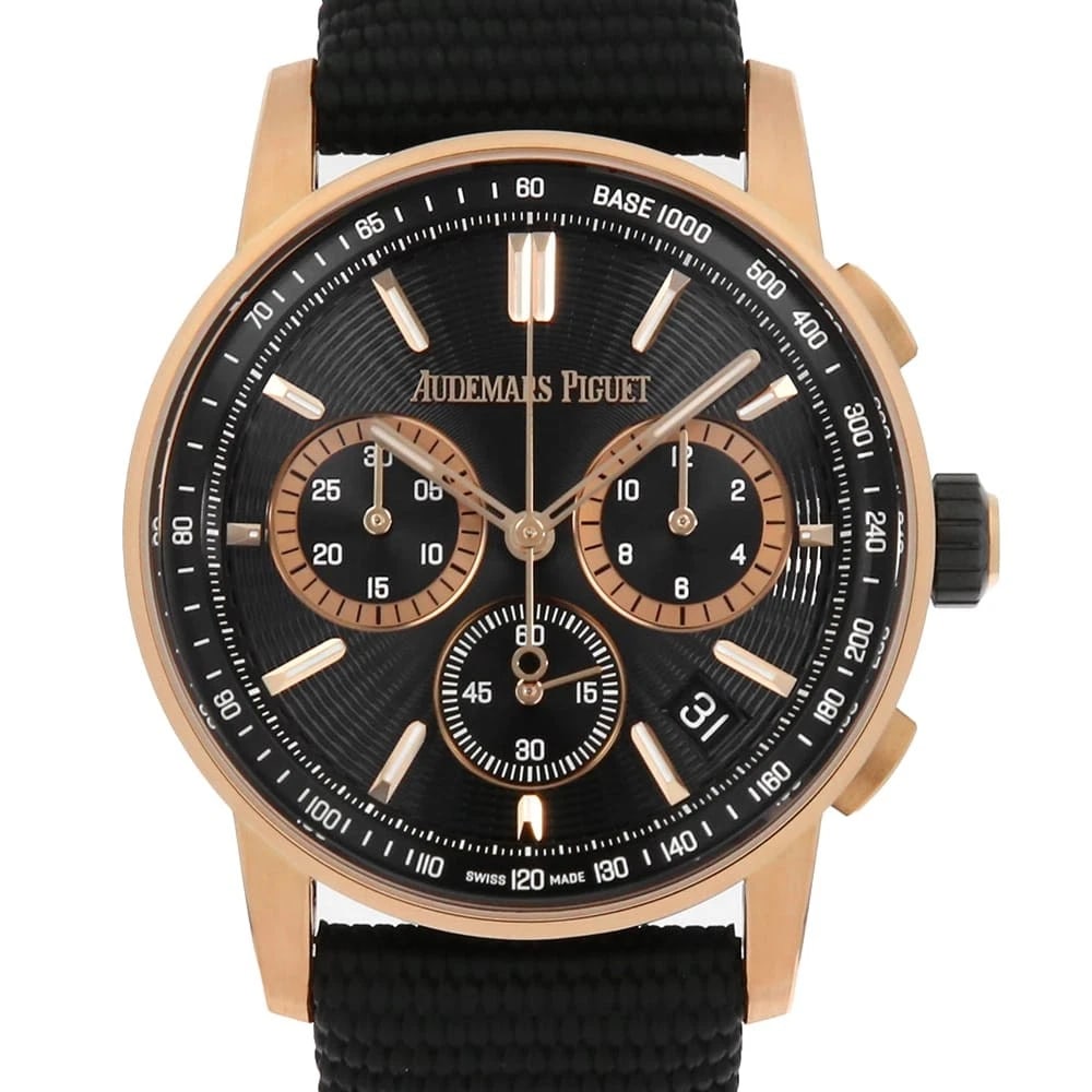 AUDEMARS PIGUET CHRONOGRAPH WATCH: AUDEMARS PIGUET Chronograph watch Brand: AUDEMARS PIGUET Type/Style: Wrist watch Material: Band Material rubber, Case Material Pink gold/ceramic Color: Dial Color Black Size: Case:W41mm Accessorie