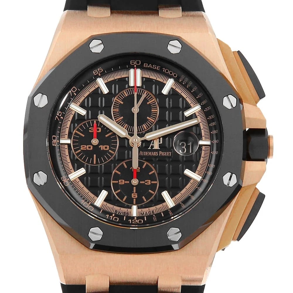 AUDEMARS PIGUET ROYAL OAK CHRONOGRAPH WATCH: AUDEMARS PIGUET Royal Oak Chronograph watch Brand: AUDEMARS PIGUET Type/Style: Wrist watch Material: Band Material rubber, Case Material Pink Gold Color: Dial Color Black Size: Case:W44mm Accessor