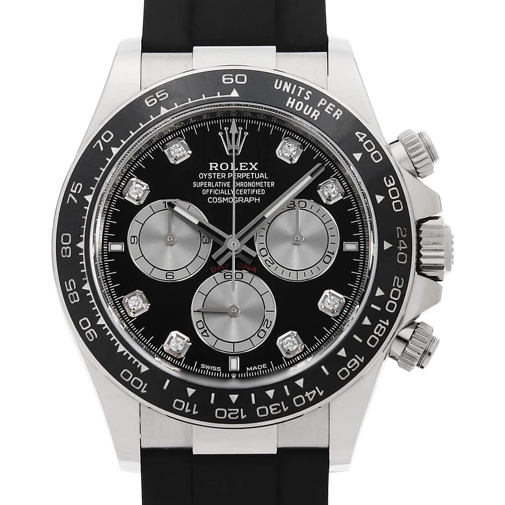 ROLEX COSMOGRAPH DAYTONA DIAMOND BLACK WATCH: ROLEX Cosmograph Daytona diamond black watch Brand: ROLEX Type/Style: Wrist watch Material: Band Material rubber, Case Material White Gold Color: Dial Color Black Size: Case:W40mm Circumference of Wri