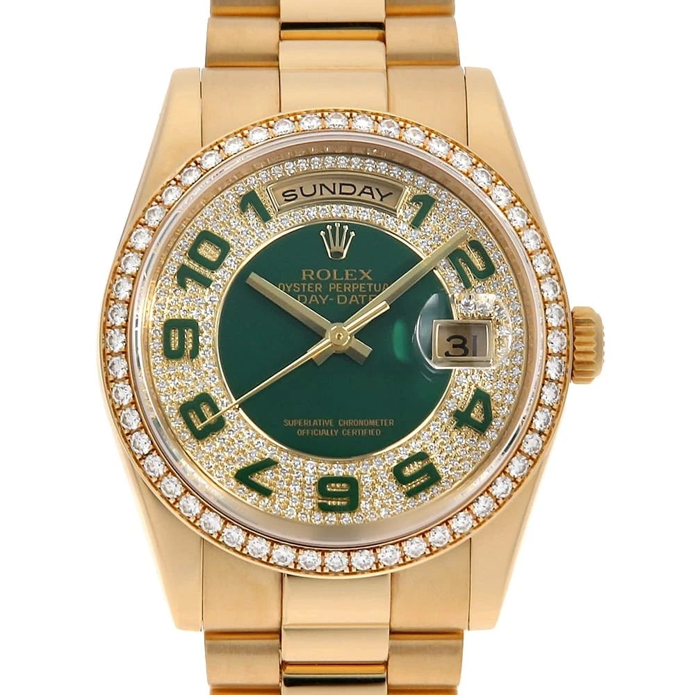ROLEX DATE DIAMOND BEZEL WATCH: ROLEX Date Diamond Bezel watch Brand: ROLEX Type/Style: Wrist watch Material: Band Material Yellow Gold, Case Material Yellow Gold Color: Dial Color Green Size: Case:W36mm Circumference of Wrist:17cm 
