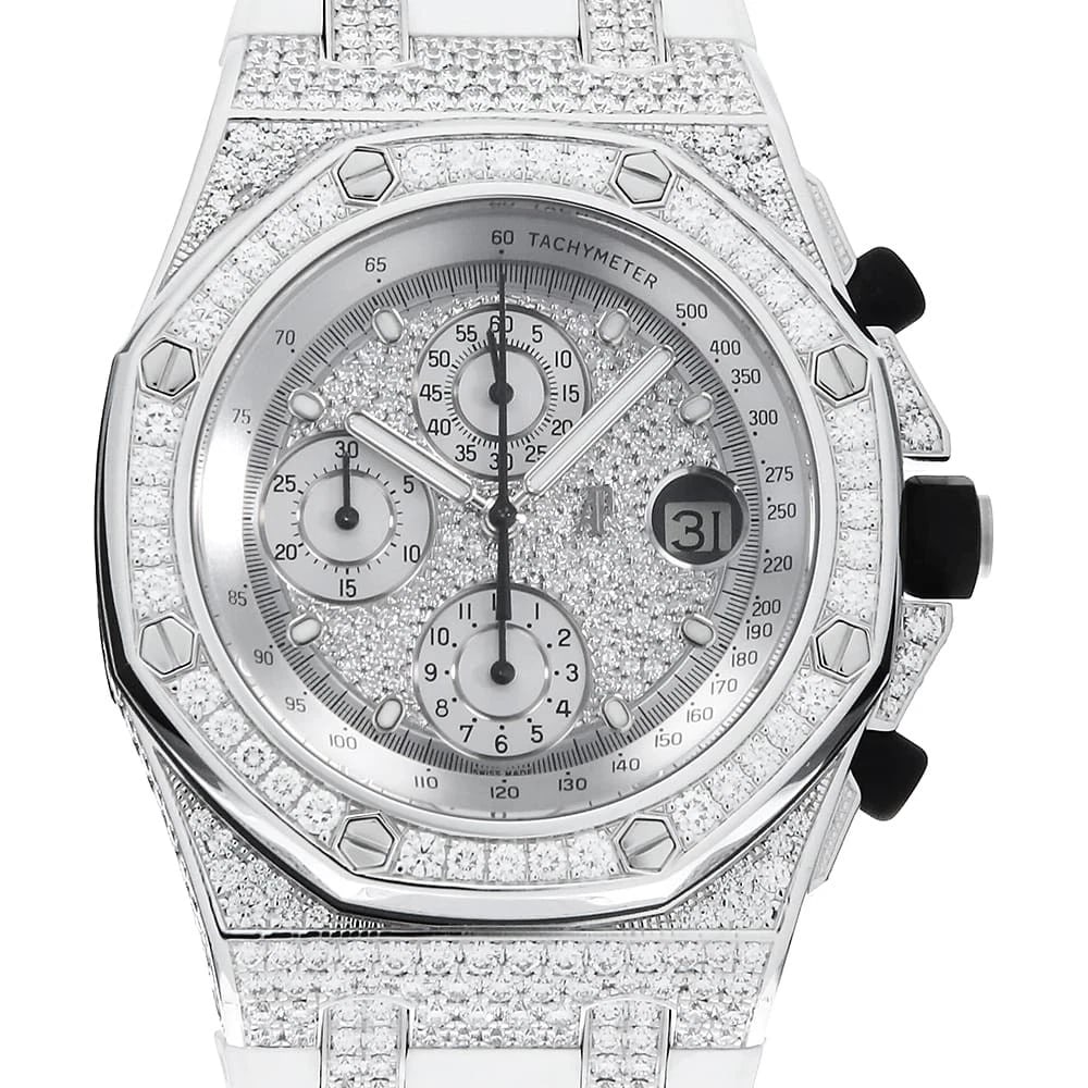 AUDEMARS PIGUET ROYAL OAK CHRONOGRAPH DIAMOND WATCH: AUDEMARS PIGUET Royal Oak Chronograph Diamond watch Brand: AUDEMARS PIGUET Type/Style: Wrist watch Material: Band Material rubber, Case Material White Gold Color: Dial Color Diamonds Size: Case:W42mm 