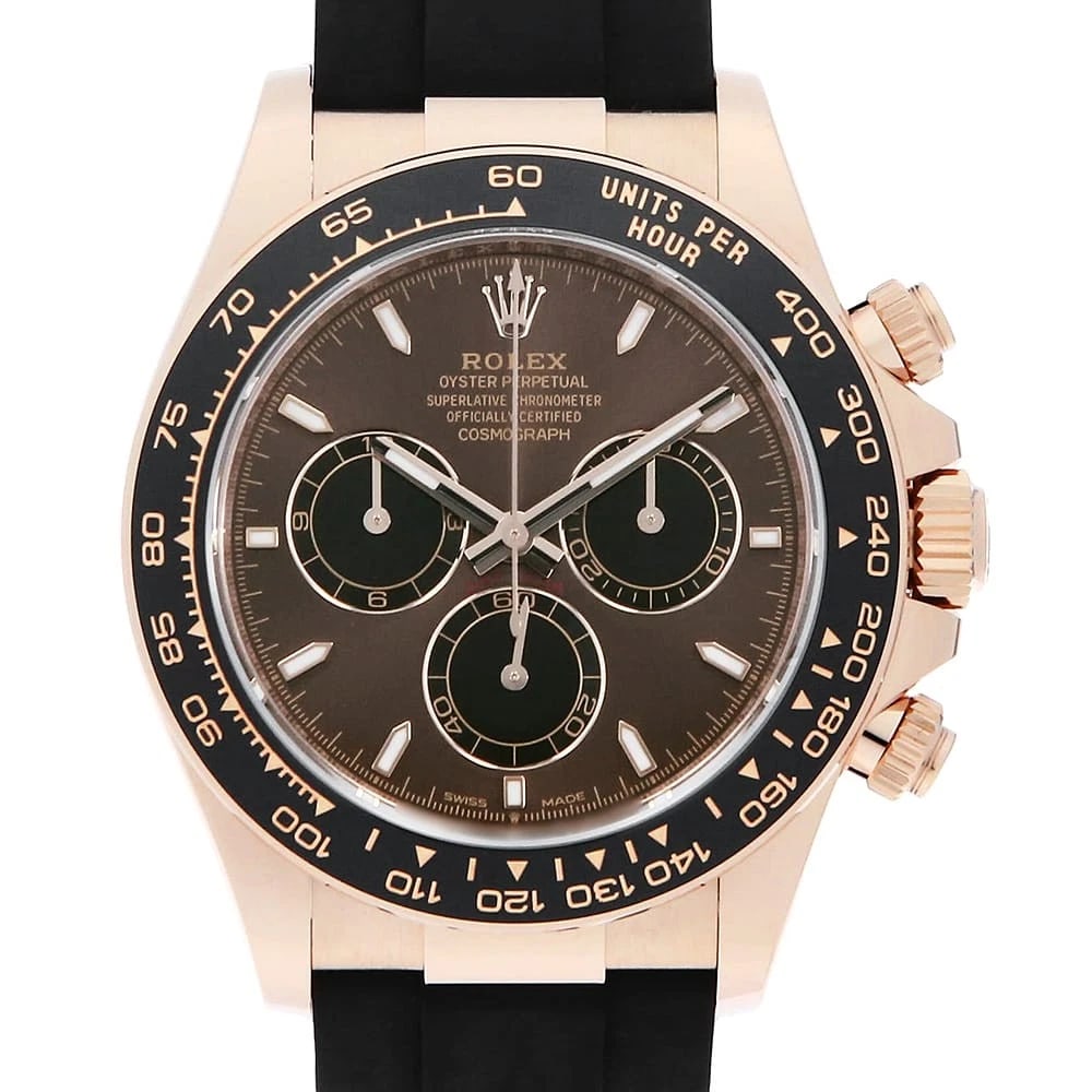 ROLEX COSMOGRAPH DAYTONA CHOCOLATE BROWN WATCH: ROLEX Cosmograph Daytona Chocolate brown watch Brand: ROLEX Type/Style: Wrist watch Material: Band Material rubber, Case Material Everose Gold Color: Dial Color Chocolate Brown Size: Case:W40mm Circum