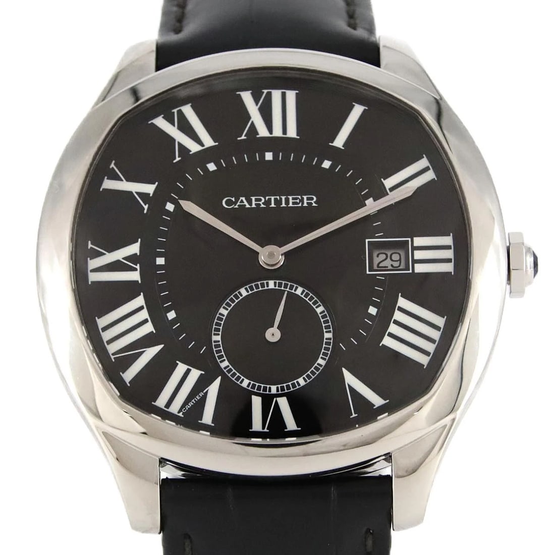 CARTIER DRIVE STAINLESS STEEL WATCH: Cartier Drive Stainless Steel watch Brand: CARTIER Type/Style: Wrist watch Material: Case: Stainless Steel Bracelet: Strap Color: Dial Color: Black/Roman Band Color: Black Size: Case dimensions approx