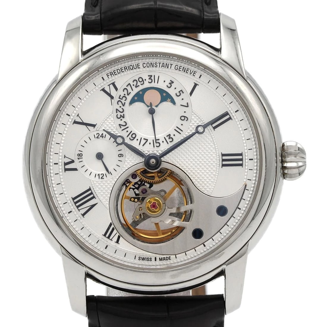 FREDERIQUE CONSTANT STAINLESS STEEL WATCH: Frederique Constant Stainless Steel watch Brand: Frederique Constant Type/Style: Wrist watch Material: Case: Stainless Steel Bracelet: Strap Color: Dial Color: Silver/Roman Band Color: Black Size: Cas