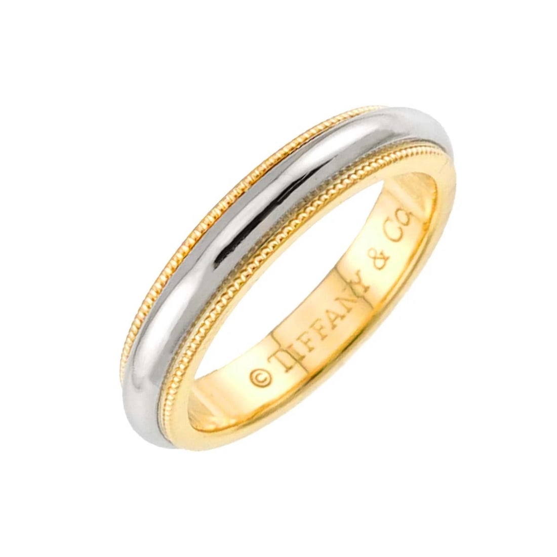 TIFFANY CO. MILGRAIN BAND RING 18K 750 YG PLATINUM: TIFFANY Co. Milgrain Band Ring 18K 750 YG Platinum Brand: TIFFANY Co. Type/Style: Ring Material: 750 Yellow Gold Platinum Color: Gold Size: 4(US) Accessories: None Accessories Notice: When purchasing