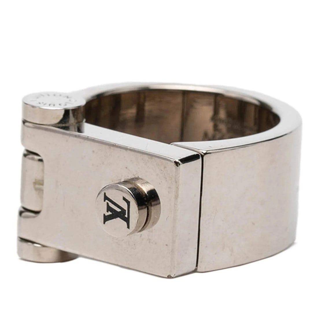 LOUIS VUITTON MONOGRAM LOGO HINGED LOCK RING: Louis Vuitton Monogram Logo Hinged Lock Ring Brand: Louis Vuitton Type/Style: Band ring Material: Color: Silver Size: 9 US Accessories: None Accessories Notice: When purchasing pre-owned goods,