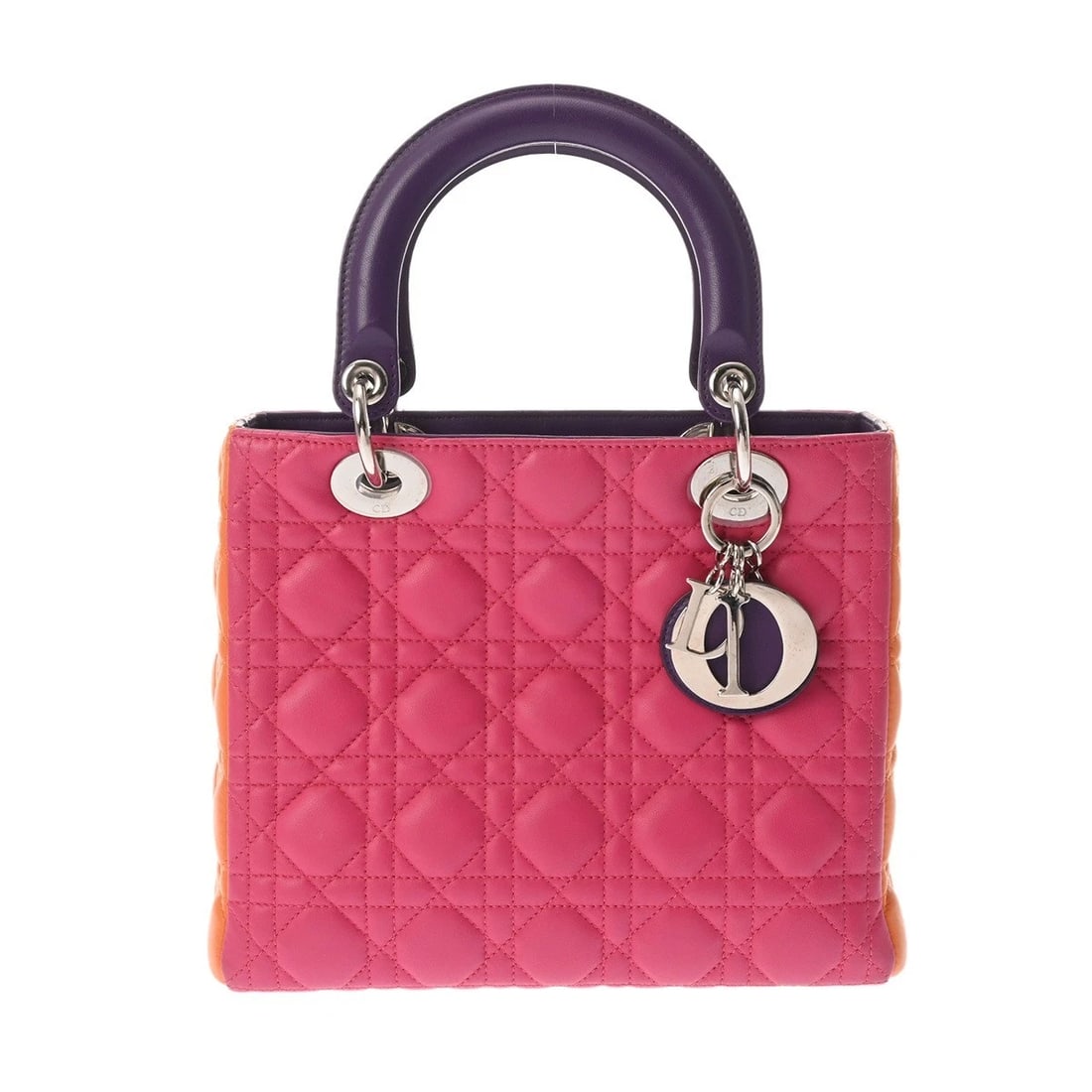 DIOR SMALL CANNAGE BAG LAMBSKIN HANDBAG: Dior Small Cannage Bag lambskin Handbag Brand: Dior Type/Style: Handbag Material: lambskin Color: Pink/Orange/Purple ? SilverMetal Size: H:about 7.7inch W:about 9.4inch (Bottom) D:about 4.7inch Ac