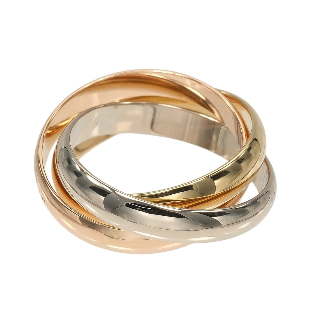 CARTIER Trinity Ring 0.1" band K18 Gold (YGxPGxWG): CARTIER Trinity Ring 0.1" band K18 Gold (YGxPGxWG) Brand: CARTIER Type/Style: Ring Material: K18 Gold (YGxPGxWG), Color: Gold Size: 5.4 US Accessories: None Accessories Notice: When purchasing