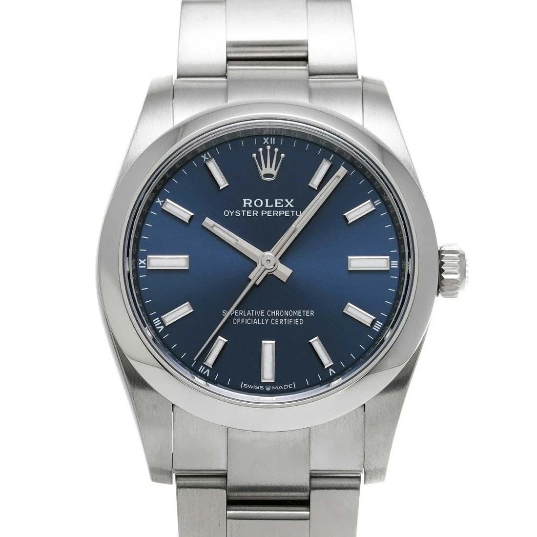 ROLEX OYSTER PERPETUAL STAINLESS STEEL WATCH: ROLEX Oyster Perpetual Stainless Steel watch Brand: ROLEX Type/Style: Wristwatch Material: Case Material Stainless steel Color: Dial Color Bright Blue Size: Case: Length/34mm Width/34mm Wrist Circumfe