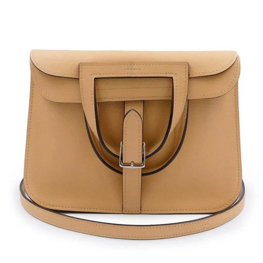 HERMES HALZAN MINI HANDBAG SHOULDER BAG: Hermes Halzan Mini Handbag Shoulder Bag Brand: Hermes Type/Style: Bag Material: Exterior Material Veau Swift Leather Color: Exterior Color Natural Sable (Beige) Silver Hardware Size: Height: 6.30 inch