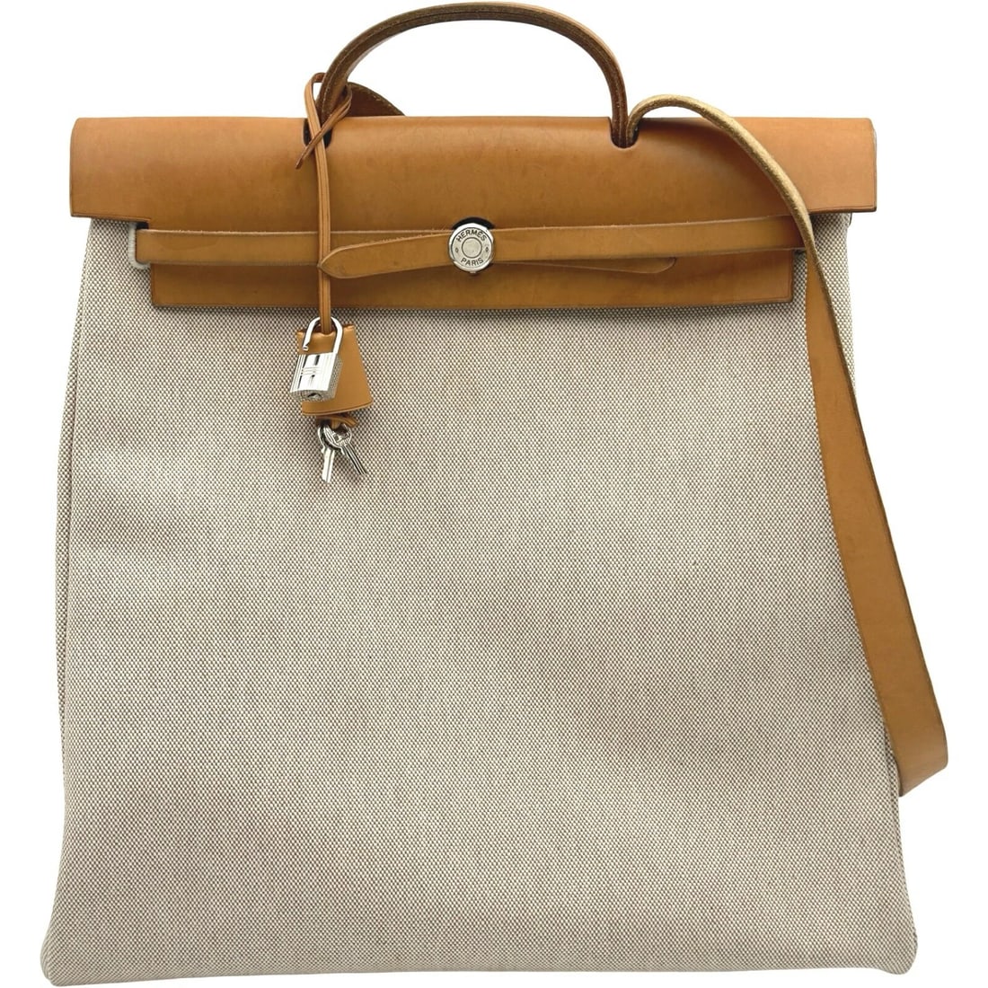 HERMES HERBAG MM HANDBAG SHOULDER BAG: Hermes Herbag MM Handbag Shoulder Bag Brand: Hermes Type/Style: Bag Material: Exterior Material Toile H Canvas / Leather Color: Exterior Color Beige / Natural Size: Height: 15.7 inches (40 cm) Width: 