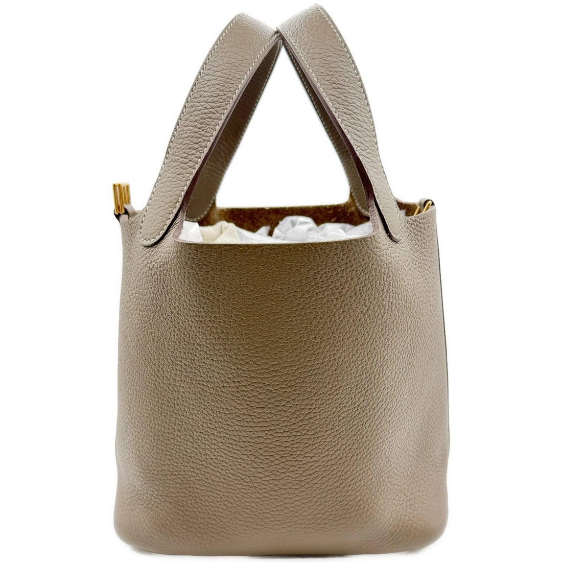 HERMES PICOTIN LOCK PM HANDBAG BUCKET BAG: Hermes Picotin Lock PM Handbag Bucket Bag Brand: Hermes Type/Style: Bag Material: Exterior Material Taurillon Leather Color: Exterior Color Etoupe Size: Width: 7.1inches (18cm) Height: 7.3inches (18.5