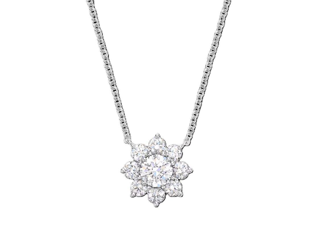 HARRY WINSTON SUNFLOWER DIAMOND PENDANT NECKLACE: 9 round brilliant diamonds, center stone is approximately 0.41 carats, set in platinum. Box and original certificate. Mint condition Size: length approx 16 inches Accessories: None Accessories Notice: