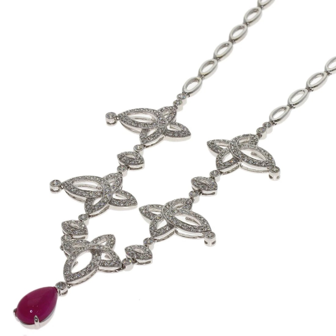 RUBY DIAMOND NECKLACE K18 WHITE GOLD PT900: Ruby Diamond Necklace K18 White Gold PT900 Brand: SELECT JEWELRY Type/Style: Necklace Material: K18 White Gold Main Stone Ruby Color: Silver Size: Stone Size:0.5inch/11.5x7.5mm Chain Length:16.1inch/4