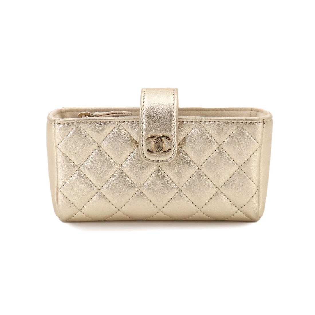 CHANEL MATELASSE POUCH LEATHER GOLD: CHANEL Matelasse Pouch Leather Gold Brand: CHANEL Type/Style: Pouch Material: Leather Color: Gold Size: W 5.12 inch, H 2.76 inch, D 1.38 inch Accessories: None Accessories Notice: When pur