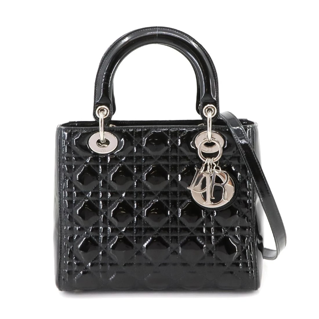 CHIRISTIAN DIOR LADY DIOR MEDIUM HAND SHOULDER BAG: Chiristian Dior Lady Dior Medium Hand Shoulder Bag Brand: Christian Dior Type/Style: Hand Bag / Shoulder Bag Material: Enamel Color: Black Size: W 9.45 inch, H 7.68 inch, D 4.72 inch Accessories: