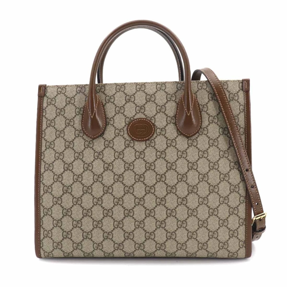 GUCCI INTERLOCKING G SMALL TOTE SHOULDER BAG: GUCCI Interlocking G Small Tote Shoulder Bag Brand: GUCCI Type/Style: Tote Bag / Shoulder Bag Material: GG Supreme Canvas , Leather Color: Beige , Brown Size: W 12.20 inch, H 9.06 inch, D 5.31 inch