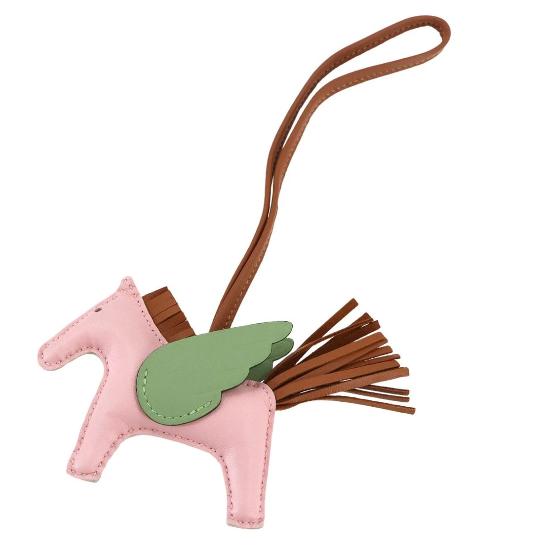 HERMES RODEO PEGASU PM BAG CHARM: HERMES Rodeo Pegasu PM Bag Charm Brand: HERMES Type/Style: Bag Charm Material: Agneau Milo , Veau Swift Color: Rose Sakura , Gold , Vert criquet Size: W4.5 x H3 inch strap: 7.1inch Accessories: No