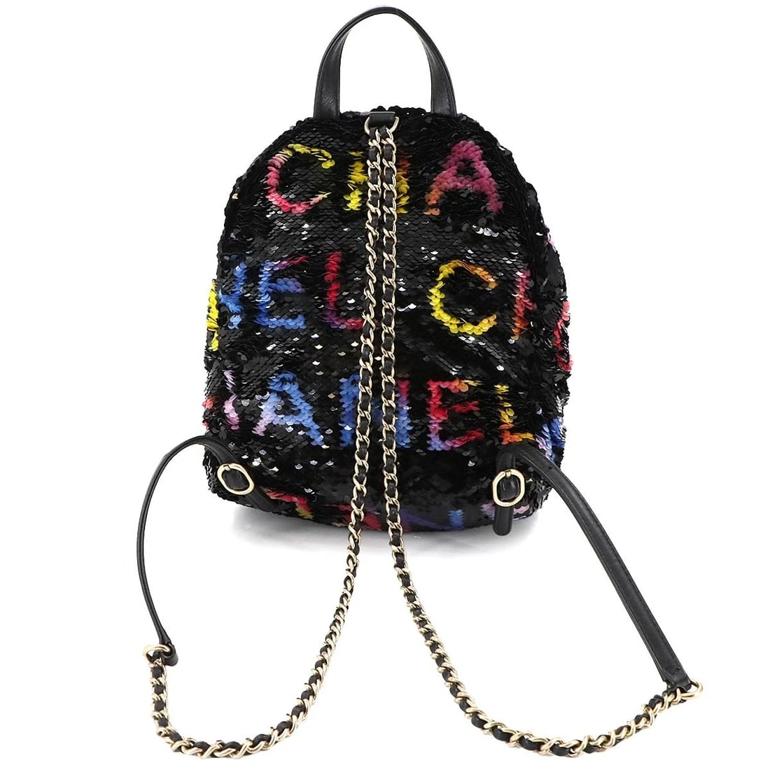 CHANEL CHAIN BACKPACK SPANGLE LEATHER BLACK - 2