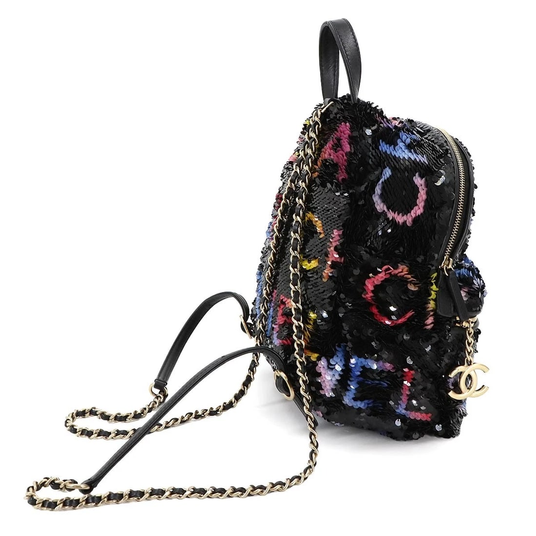 CHANEL CHAIN BACKPACK SPANGLE LEATHER BLACK - 3