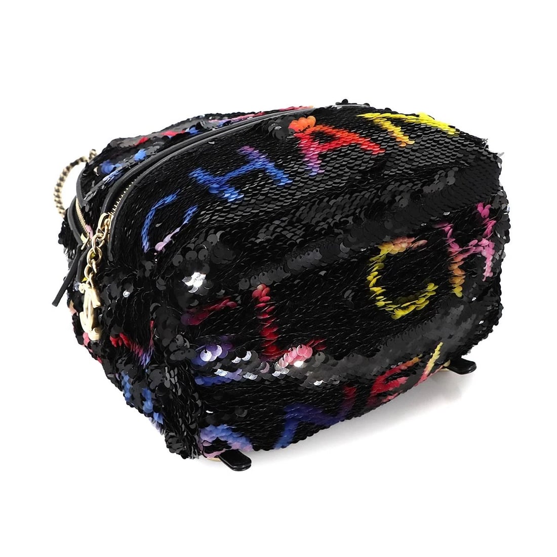 CHANEL CHAIN BACKPACK SPANGLE LEATHER BLACK - 4