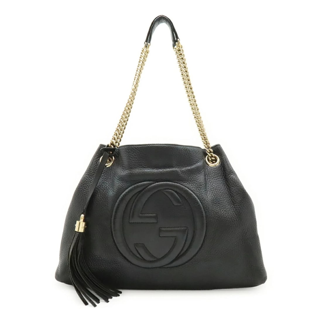 GUCCI SOHO INTERLOCKING G CHAIN BAG SHOULDER TOTE: GUCCI Soho Interlocking G Chain Bag Shoulder Tote Brand: Gucci Type/Style: Shoulder bag, Tote bag Material: Leather Color: Black Size: (HxWxD) 26cm x 37.5cm x 14cm / 10.23'' x 14.76'' x 5.51'' Acc