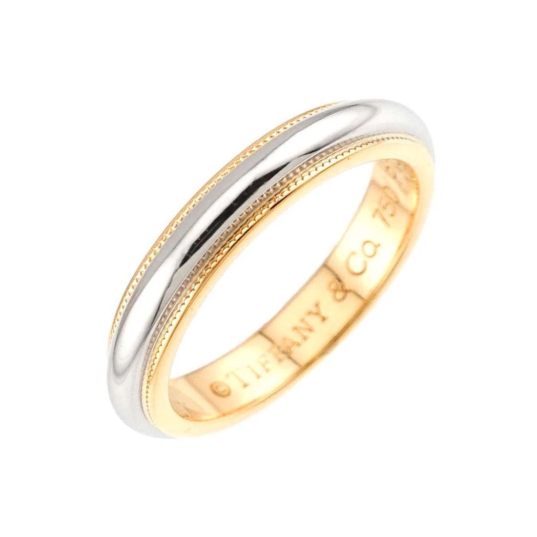 TIFFANY CO. MILGRAIN BAND RING 18K 750 YG PT PLATINUM: TIFFANY Co. Milgrain Band Ring 18K 750 YG Pt Platinum Brand: TIFFANY Co. Type/Style: Ring Material: Platinum Color: Gold Size: 4.75-5(US) Accessories: None Accessories Notice: When purchasing