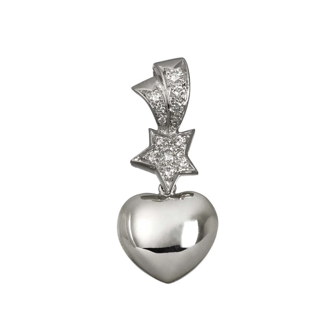 CHANEL COMET HEART STAR DIAMOND CHARM PENDANT TOP 18K WG 750: CHANEL Comet Heart Star Diamond Charm Pendant Top 18K WG 750 Brand: CHNAEL Type/Style: Pendant Material: 750 White Gold Main Stone Natural Color: White Gold Size: W13.3xH31mm(full length) Thickness:5.