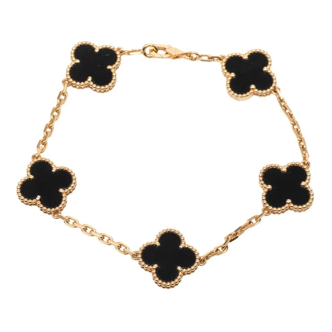 VAN CLEEF & ARPELS ALHAMBRA 5P ONYX CHAIN BRACELET: Van Cleef & Arpels Alhambra 5P Onyx Chain Bracelet Brand: Van Cleef & Arpels Type/Style: Charm bracelet Material: Yellow gold (18K) Color: Black, Gold Size: Length 17.5cm / 6.88'' Accessories: None