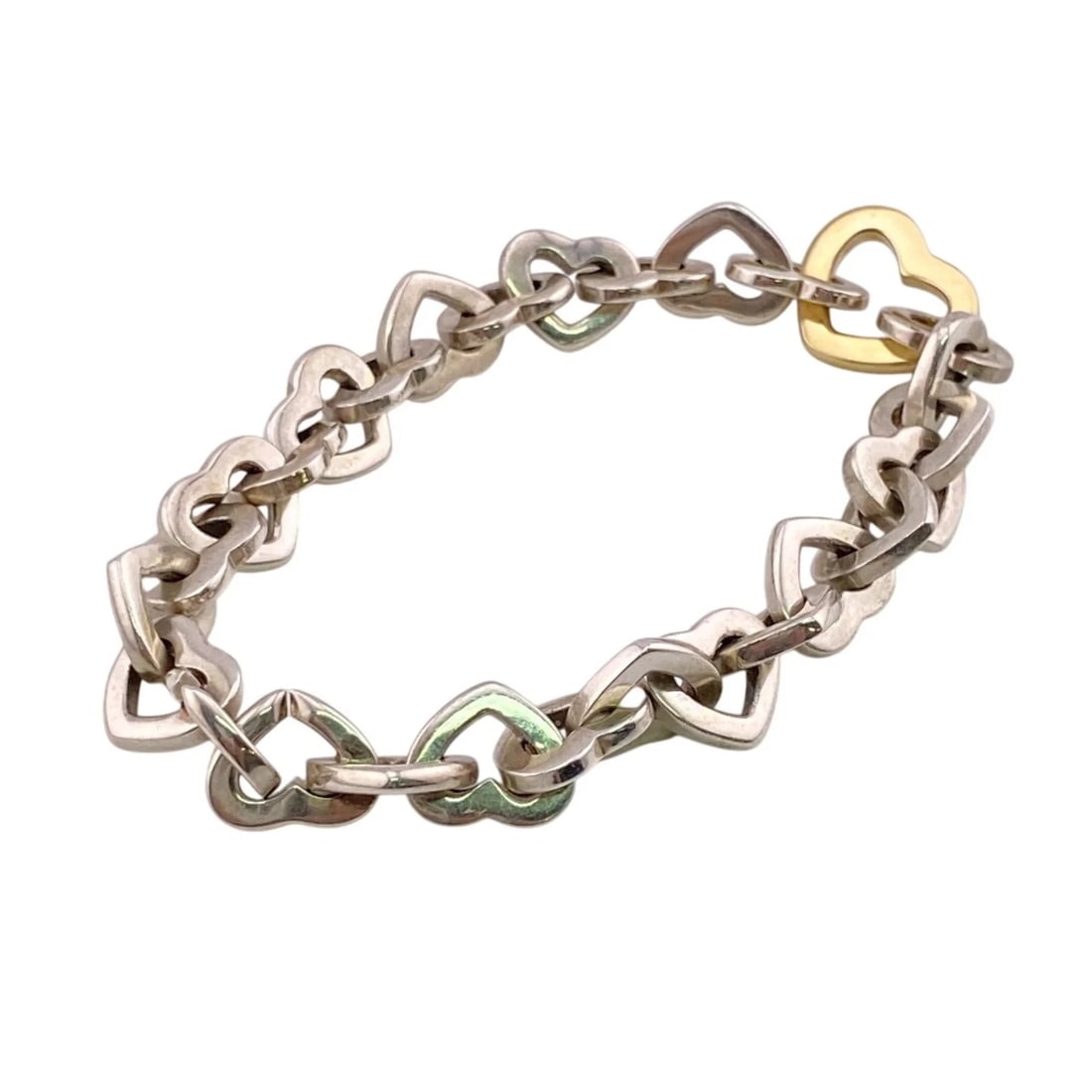 TIFFANY&CO. HEART BANGLE LINK BRACELET: TIFFANY&Co. Heart Bangle Link Bracelet Brand: Tiffany Type/Style: Charm bracelet Material: Silver 925 Yellow gold (18K) Color: None Size: Length 18cm / 7.08'' Accessories: None Accessories Notice: