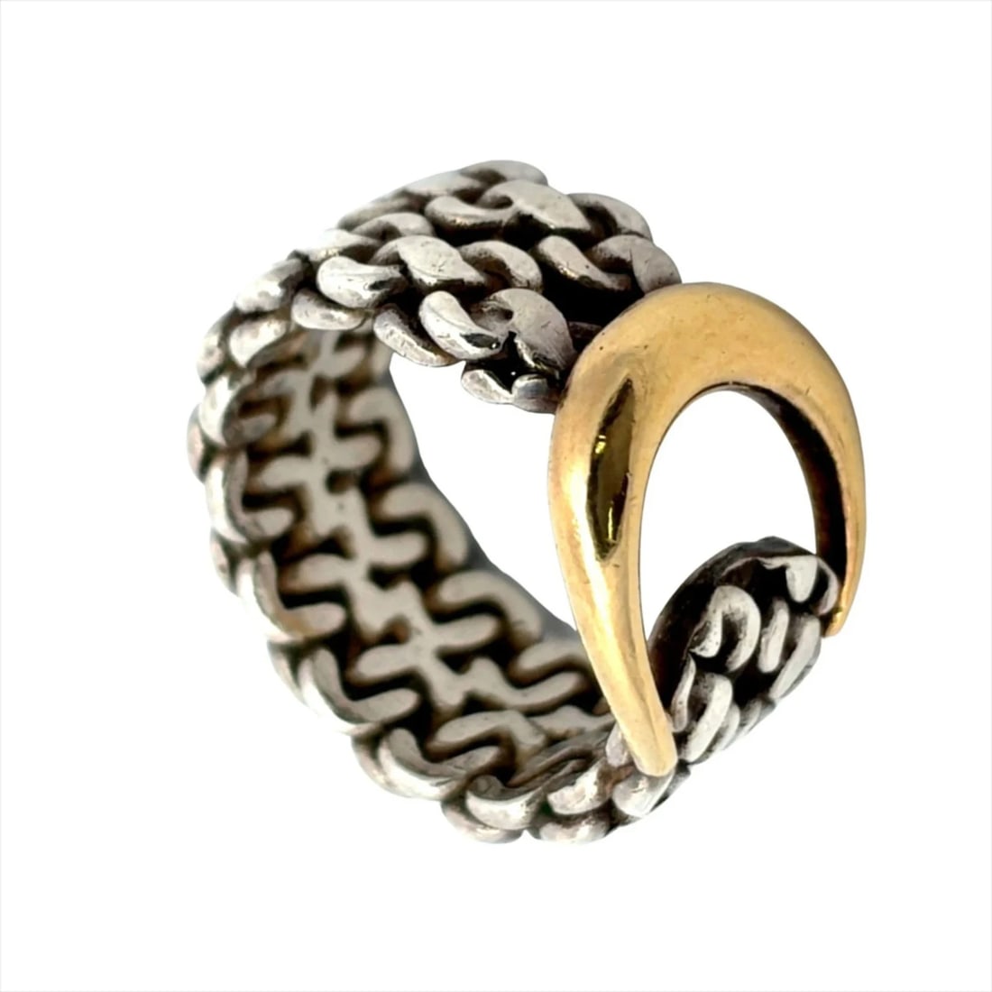 HERMES SANGLE DE RING SILVER YELLOW GOLD: Hermes Sangle de Ring, Silver, Yellow Gold Brand: Hermes Type/Style: Band ring Material: Silver Yellow gold Color: Silver, Yellow gold Size: 4 US Accessories: None Accessories Notice: When