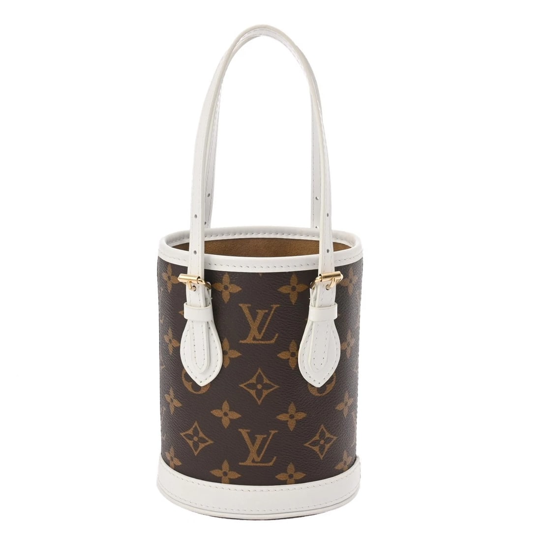 LOUIS VUITTON NANO BUCKET MONOGRAM CANVAS WHITE/BROWN: LOUIS VUITTON Nano bucket Monogram canvas white/Brown Brand: LOUIS VUITTON Type/Style: 2WAY bag Material: Monogram canvas Color: white/Brown Size: H:about 6.7inch W:about 5.1inch D:about 3.5inch A