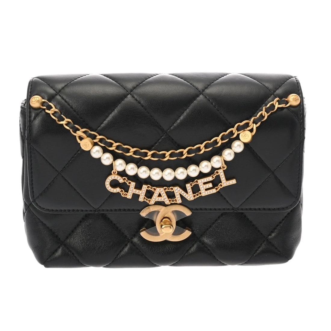 CHANEL MINI FLAP BAG MATRASSE BLACK SHOULDER BAG: CHANEL Mini flap bag Matrasse black Shoulder Bag Brand: CHANEL Type/Style: Shoulder Bag Material: Shiny Lambskin/Costume Pearl Color: black ? Gold Metal Size: H:about 4.7inch W:about 7.5inch D:about 3