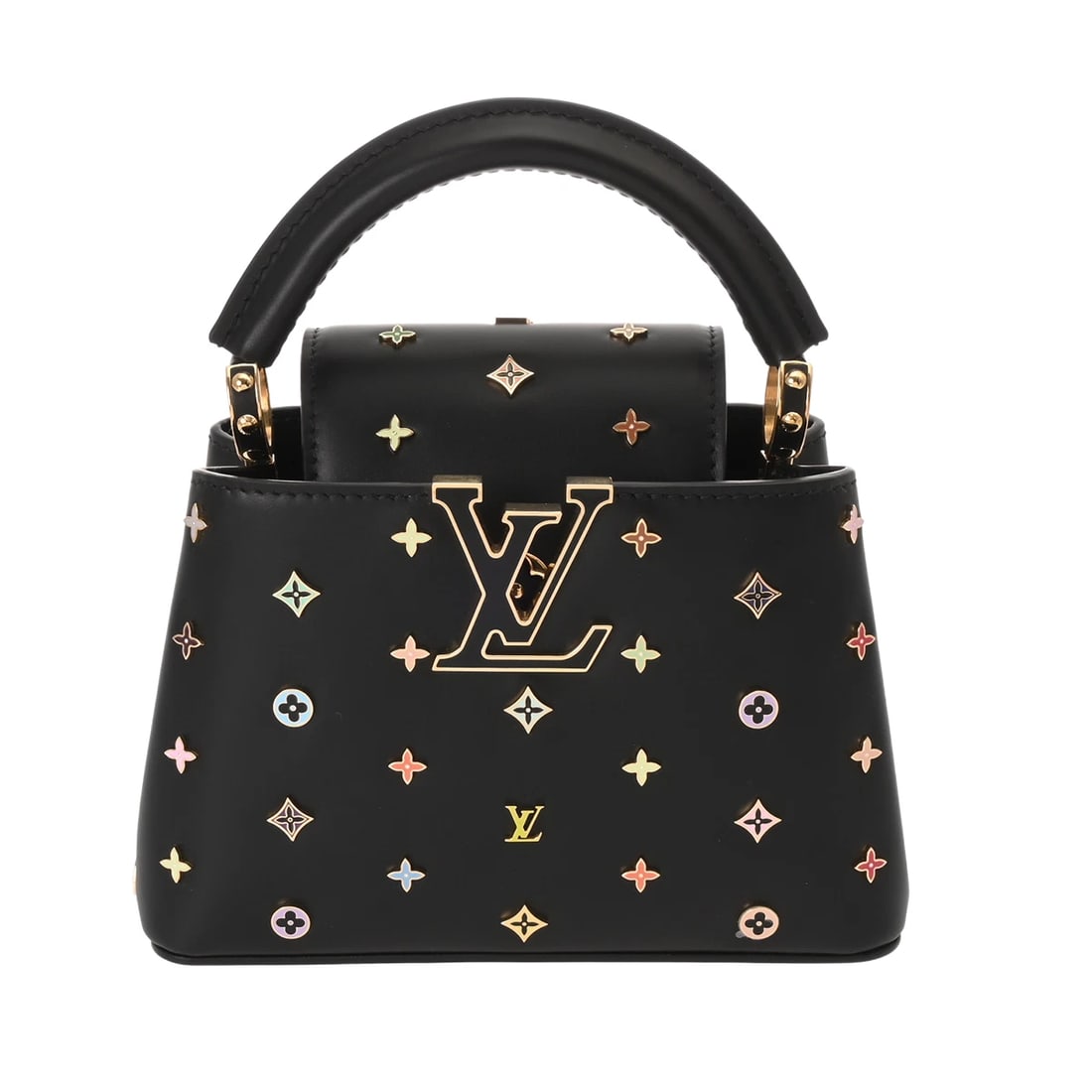 LOUIS VUITTON LVXTM CAPUCINES MINI LEATHER BLACK HANDBAG: LOUIS VUITTON LVxTM Capucines MINI leather black Handbag Brand: LOUIS VUITTON Type/Style: Handbag Material: leather/Cowhide leather Color: black Size: H:about 5.1inch W:about 7.9inch (Bottom) D:about 