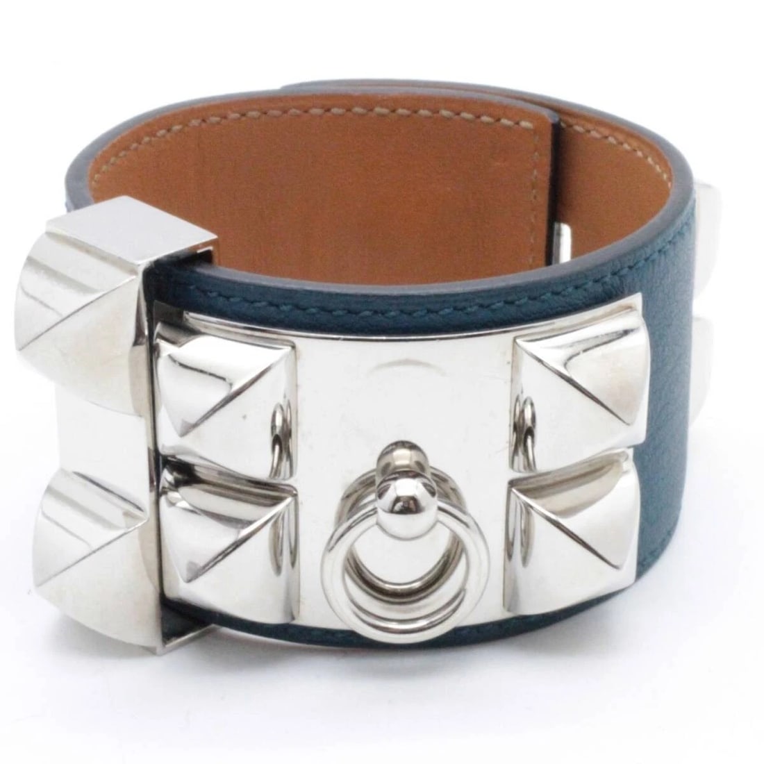 HERMES CORYEDOSIAN BLUE LEATHER BANGLE BRACELET: Hermes Coryedosian Blue Leather Bangle Bracelet Brand: Hermes Type/Style: Bracelet Material: Leather Color: Blue,Silver Size: (approx. 6.3 inches wrist circumference) Width : 1.6 inches Accessories: