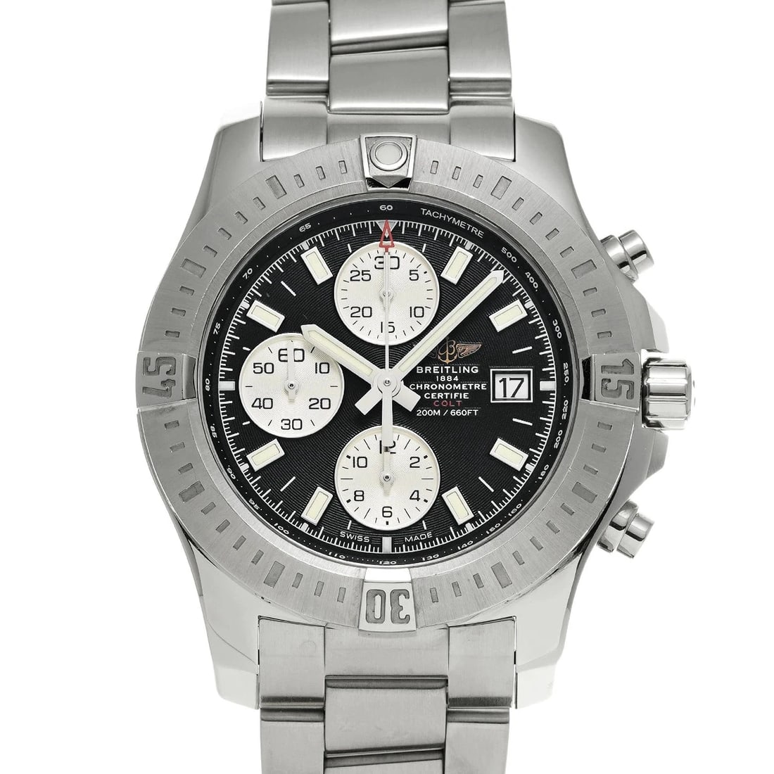 BREITLING COLT CHRONOGRAPH AUTOMATIC WATCH: BREITLING Colt Chronograph Automatic watch Brand: BREITLING Type/Style: Wristwatch Material: Case Material Stainless Steel Color: Dial Color Black/Silver Size: Case: Length/44mm, Width/44mm Wrist Circ