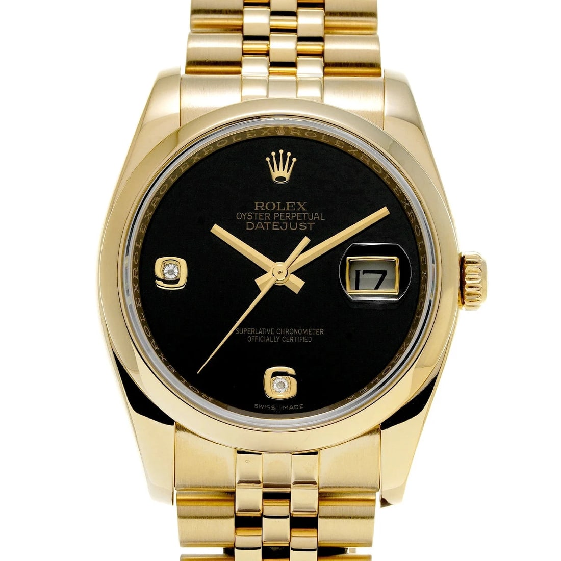 ROLEX DATEJUST YELLOW GOLD WATCH: ROLEX Datejust Yellow Gold watch Brand: ROLEX Type/Style: Wristwatch Material: Case Material Yellow Gold Color: Dial Color Black/Diamond Size: Case: Length/36mm Width/36mm Wrist Circumference: 17.5cm 