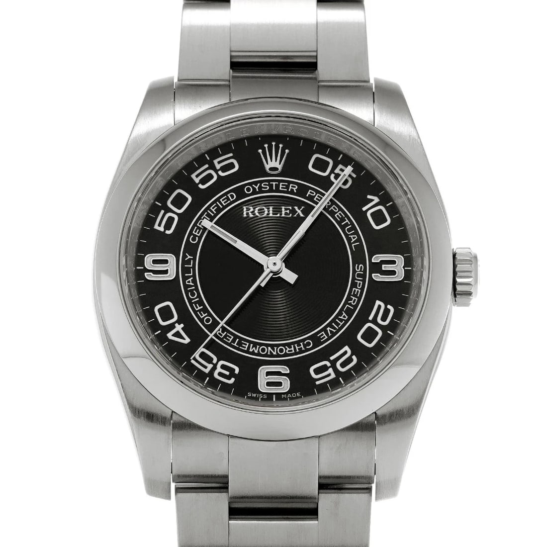 ROLEX OYSTER PERPETUAL STAINLESS STEEL WATCH: ROLEX Oyster Perpetual Stainless Steel watch Brand: ROLEX Type/Style: Wristwatch Material: Case Material Stainless Steel Color: Dial Color Black Concentric Size: Case: Length/36mm Width/36mm Wrist Cir